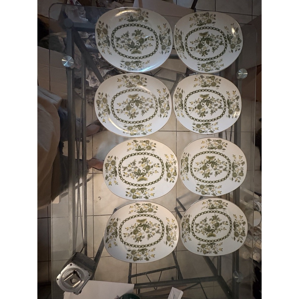 Lot 8 Vintage Jonas Roberts Oval Snack Plates Green Yellow Floral Gold MCM Japan
